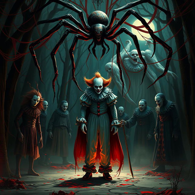 A terrifying and dark-themed scene features eerie figures resembling horror clowns, embodying the essence of characters like Pennywise and Michael Myers