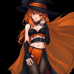 A sexy gothic anime witch girl with shoulder-length orange hair cascading elegantly, adorned with a classic witch's hat