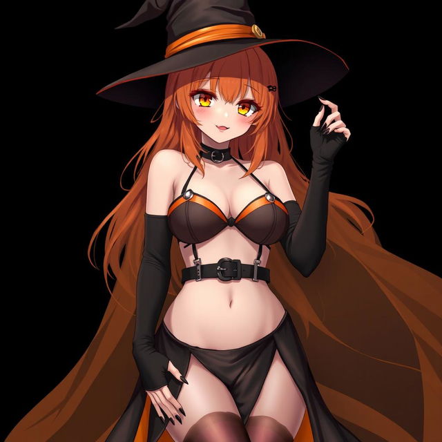 A sexy gothic anime witch girl with shoulder-length orange hair cascading elegantly, adorned with a classic witch's hat