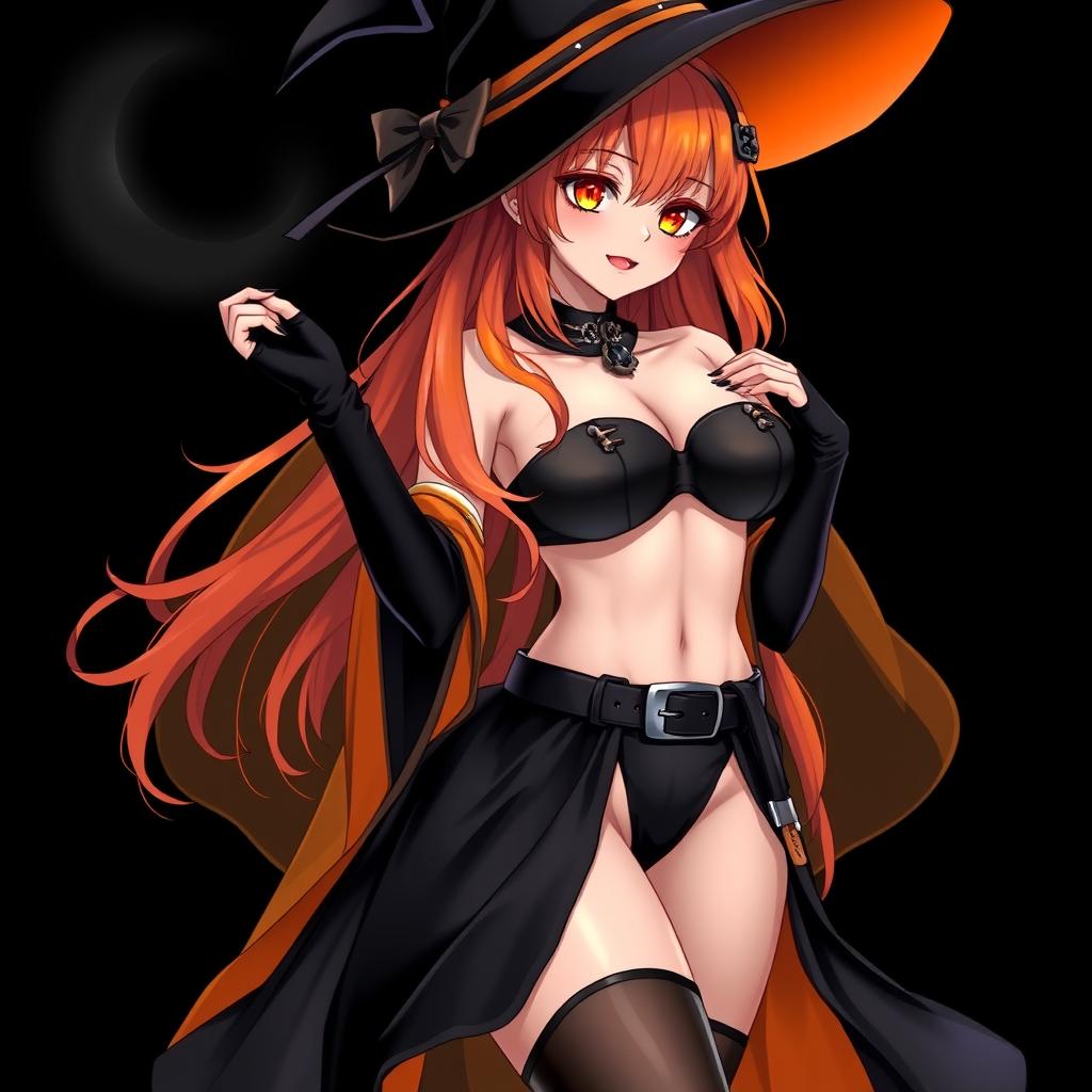 A sexy gothic anime witch girl with shoulder-length orange hair cascading elegantly, adorned with a classic witch's hat