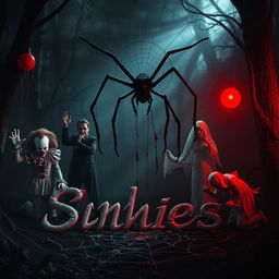 A chilling and haunting scene featuring an eerie clown reminiscent of Pennywise, a menacing Michael Myers character, and ghostly spirits all commanding an unsettling atmosphere