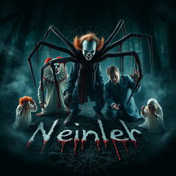 A chilling and haunting scene featuring an eerie clown reminiscent of Pennywise, a menacing Michael Myers character, and ghostly spirits all commanding an unsettling atmosphere