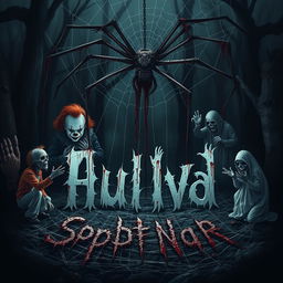 A chilling and haunting scene featuring an eerie clown reminiscent of Pennywise, a menacing Michael Myers character, and ghostly spirits all commanding an unsettling atmosphere