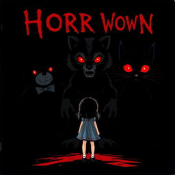A horror novel cover featuring a black background with three eerie doll silhouettes: a large teddy bear with glowing red eyes, a large wolf doll with glowing red eyes, and a large cat doll with glowing red eyes