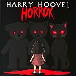 A horror novel cover featuring a black background with three eerie doll silhouettes: a large teddy bear with glowing red eyes, a large wolf doll with glowing red eyes, and a large cat doll with glowing red eyes