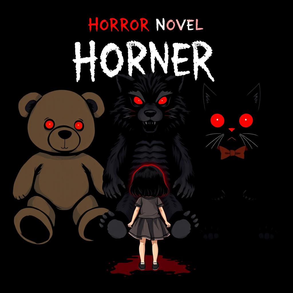 A horror novel cover featuring a black background with three eerie doll silhouettes: a large teddy bear with glowing red eyes, a large wolf doll with glowing red eyes, and a large cat doll with glowing red eyes