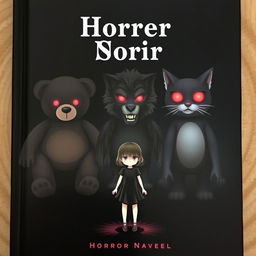 A horror novel cover featuring a black background with three eerie doll silhouettes: a large teddy bear with glowing red eyes, a large wolf doll with glowing red eyes, and a large cat doll with glowing red eyes