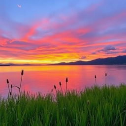 A serene landscape featuring a sunset over tranquil waters, reflecting vibrant hues of orange, pink, and purple in the sky