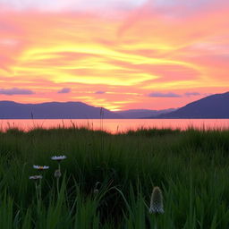 A serene landscape featuring a sunset over tranquil waters, reflecting vibrant hues of orange, pink, and purple in the sky