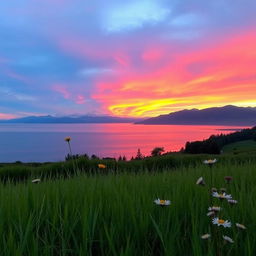 A serene landscape featuring a sunset over tranquil waters, reflecting vibrant hues of orange, pink, and purple in the sky