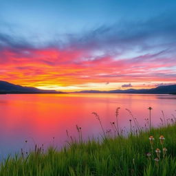 A serene landscape featuring a sunset over tranquil waters, reflecting vibrant hues of orange, pink, and purple in the sky