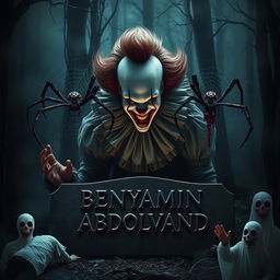 A terrifying clown resembling Pennywise, embodying the essence of evil spirits, is depicted in a dark, haunting forest
