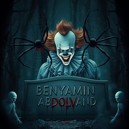 A terrifying clown resembling Pennywise, embodying the essence of evil spirits, is depicted in a dark, haunting forest