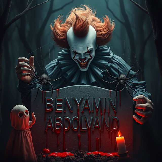 A terrifying clown resembling Pennywise, embodying the essence of evil spirits, is depicted in a dark, haunting forest