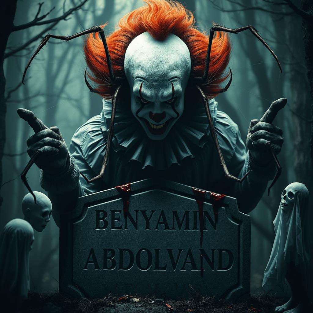 A terrifying clown resembling Pennywise, embodying the essence of evil spirits, is depicted in a dark, haunting forest