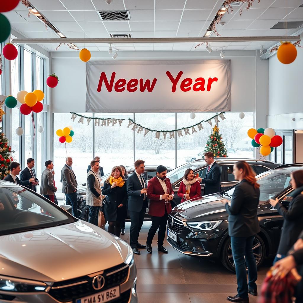 A celebratory New Year scene featuring a modern car dealership named Zohura Autos Ltd