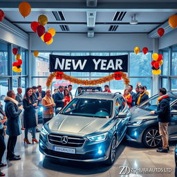 A celebratory New Year scene featuring a modern car dealership named Zohura Autos Ltd
