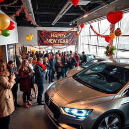 A celebratory New Year scene featuring a modern car dealership named Zohura Autos Ltd