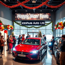 A celebratory New Year scene featuring a modern car dealership named Zohura Autos Ltd