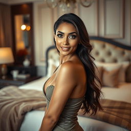 A striking portrait of a confident and attractive woman, posing in a luxurious bedroom setting
