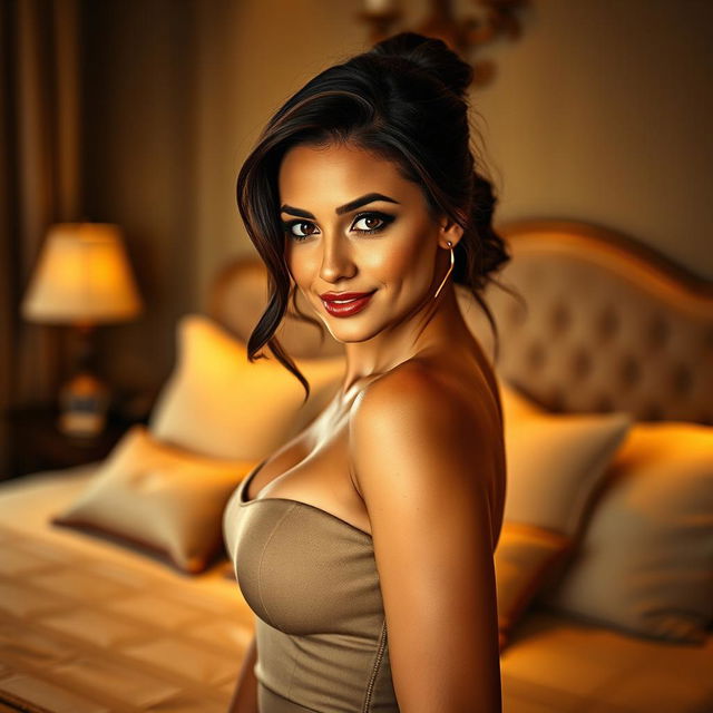 A striking portrait of a confident and attractive woman, posing in a luxurious bedroom setting