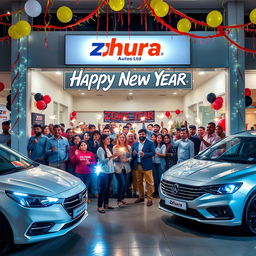 A festive New Year's celebration scene featuring a modern car dealership, Zohura Autos Ltd