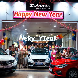 A festive New Year's celebration scene featuring a modern car dealership, Zohura Autos Ltd