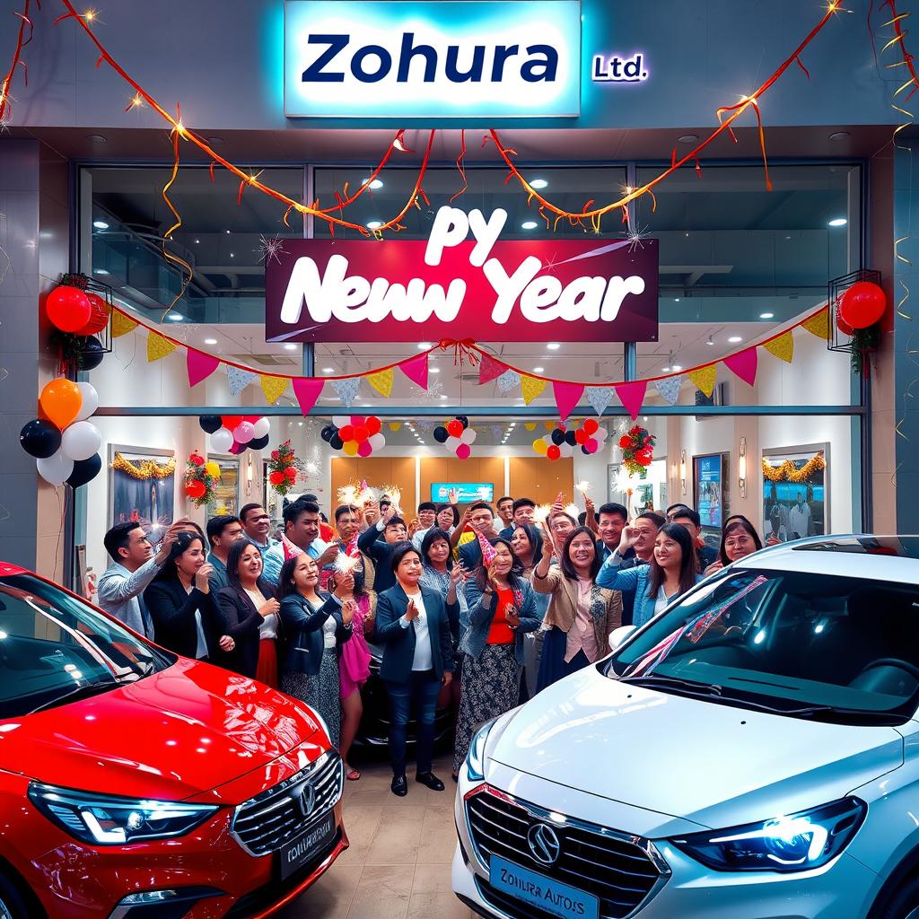 A festive New Year's celebration scene featuring a modern car dealership, Zohura Autos Ltd