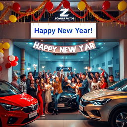 A festive New Year's celebration scene featuring a modern car dealership, Zohura Autos Ltd