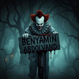 A horror-themed digital artwork featuring a clown inspired by Pennywise and Michael Myers, both covered in blood