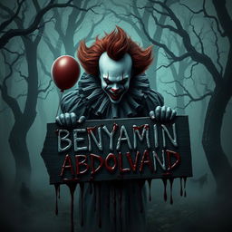 A horror-themed digital artwork featuring a clown inspired by Pennywise and Michael Myers, both covered in blood