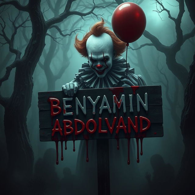 A horror-themed digital artwork featuring a clown inspired by Pennywise and Michael Myers, both covered in blood