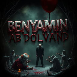 A chilling digital artwork featuring a blood-drenched text stating "BENYAMIN ABDOLVAND" with blood dripping down from the letters