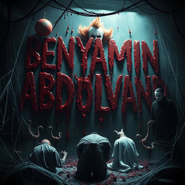 A chilling digital artwork featuring a blood-drenched text stating "BENYAMIN ABDOLVAND" with blood dripping down from the letters