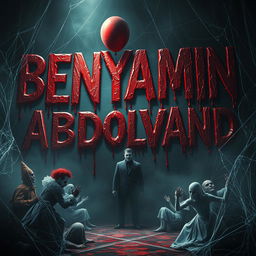 A chilling digital artwork featuring a blood-drenched text stating "BENYAMIN ABDOLVAND" with blood dripping down from the letters