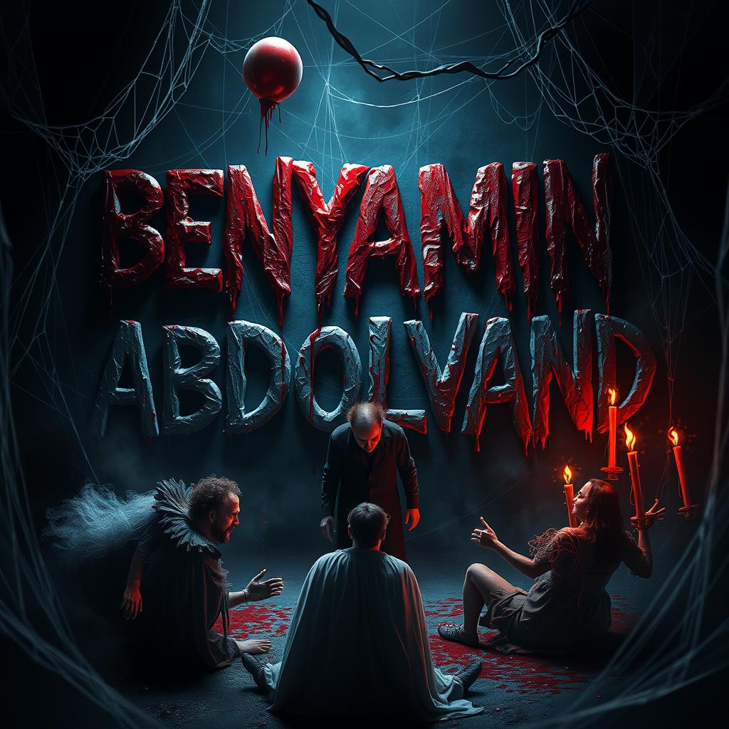 A chilling digital artwork featuring a blood-drenched text stating "BENYAMIN ABDOLVAND" with blood dripping down from the letters