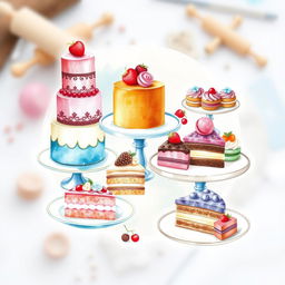 A delightful and colorful watercolor painting showcasing an array of scrumptious desserts, including cakes, pastries, cupcakes, and macarons, beautifully arranged on elegant plates and platters
