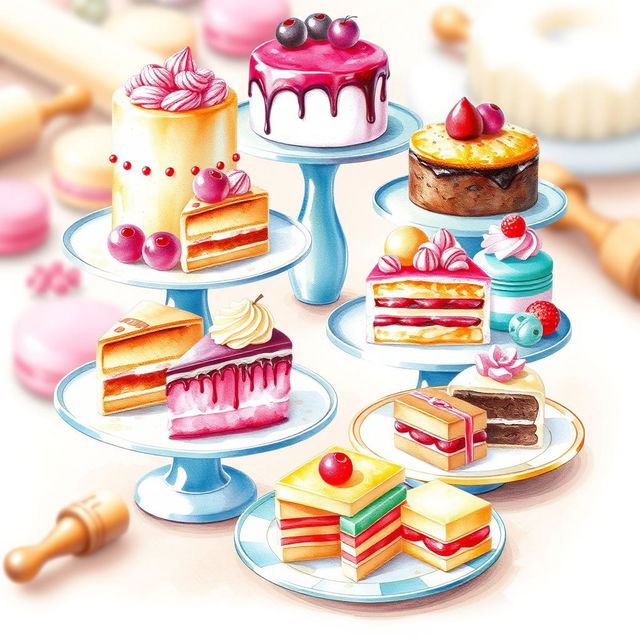 A delightful and colorful watercolor painting showcasing an array of scrumptious desserts, including cakes, pastries, cupcakes, and macarons, beautifully arranged on elegant plates and platters