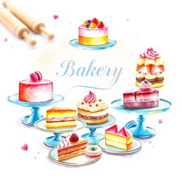 A delightful and colorful watercolor painting showcasing an array of scrumptious desserts, including cakes, pastries, cupcakes, and macarons, beautifully arranged on elegant plates and platters