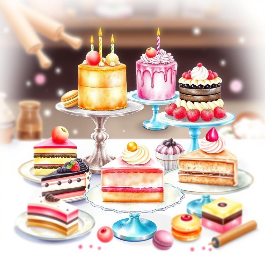 A delightful and colorful watercolor painting showcasing an array of scrumptious desserts, including cakes, pastries, cupcakes, and macarons, beautifully arranged on elegant plates and platters