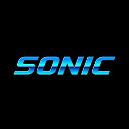 A logo design featuring the word 'SONIC' in a vibrant blue color against a black background