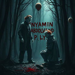 A chilling and horrifying scene set in a dark and eerie forest, featuring a terrifying showdown between Michael Myers and Pennywise the Clown, both embodying horror