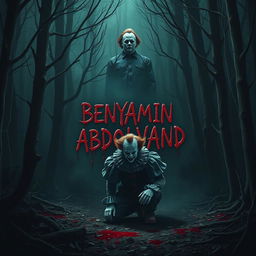 A chilling and horrifying scene set in a dark and eerie forest, featuring a terrifying showdown between Michael Myers and Pennywise the Clown, both embodying horror