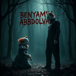 A chilling and horrifying scene set in a dark and eerie forest, featuring a terrifying showdown between Michael Myers and Pennywise the Clown, both embodying horror