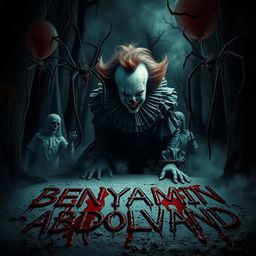 A terrifying scene depicting a menacing clown with a Pennywise-like appearance, surrounded by eerie spirits and ghostly entities in a dark, ominous forest