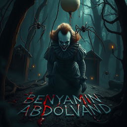 A terrifying scene depicting a menacing clown with a Pennywise-like appearance, surrounded by eerie spirits and ghostly entities in a dark, ominous forest