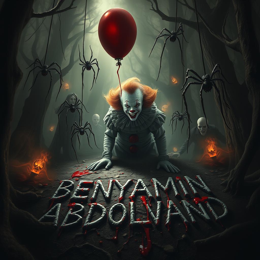 A terrifying scene depicting a menacing clown with a Pennywise-like appearance, surrounded by eerie spirits and ghostly entities in a dark, ominous forest