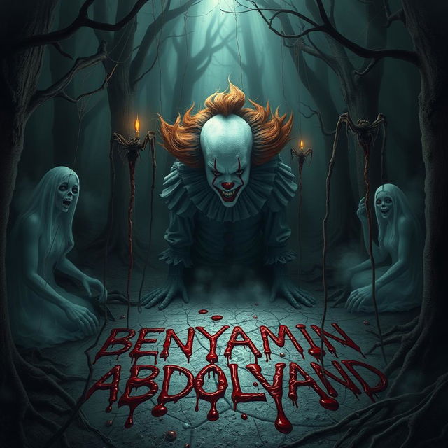 A terrifying scene depicting a menacing clown with a Pennywise-like appearance, surrounded by eerie spirits and ghostly entities in a dark, ominous forest