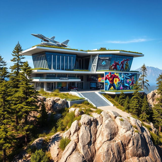 A vibrant, futuristic superhero base located on a mountain peak, featuring sleek architecture, large glass windows, and extensive greenery