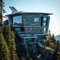 A vibrant, futuristic superhero base located on a mountain peak, featuring sleek architecture, large glass windows, and extensive greenery